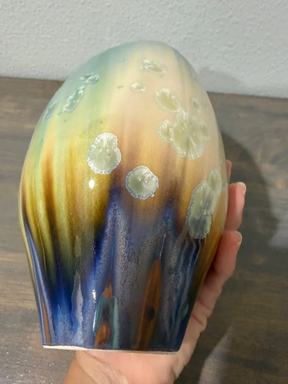 Bill Campbell Signed Crystalline Pottery Vase Fish Mouth Teal Beige Brown